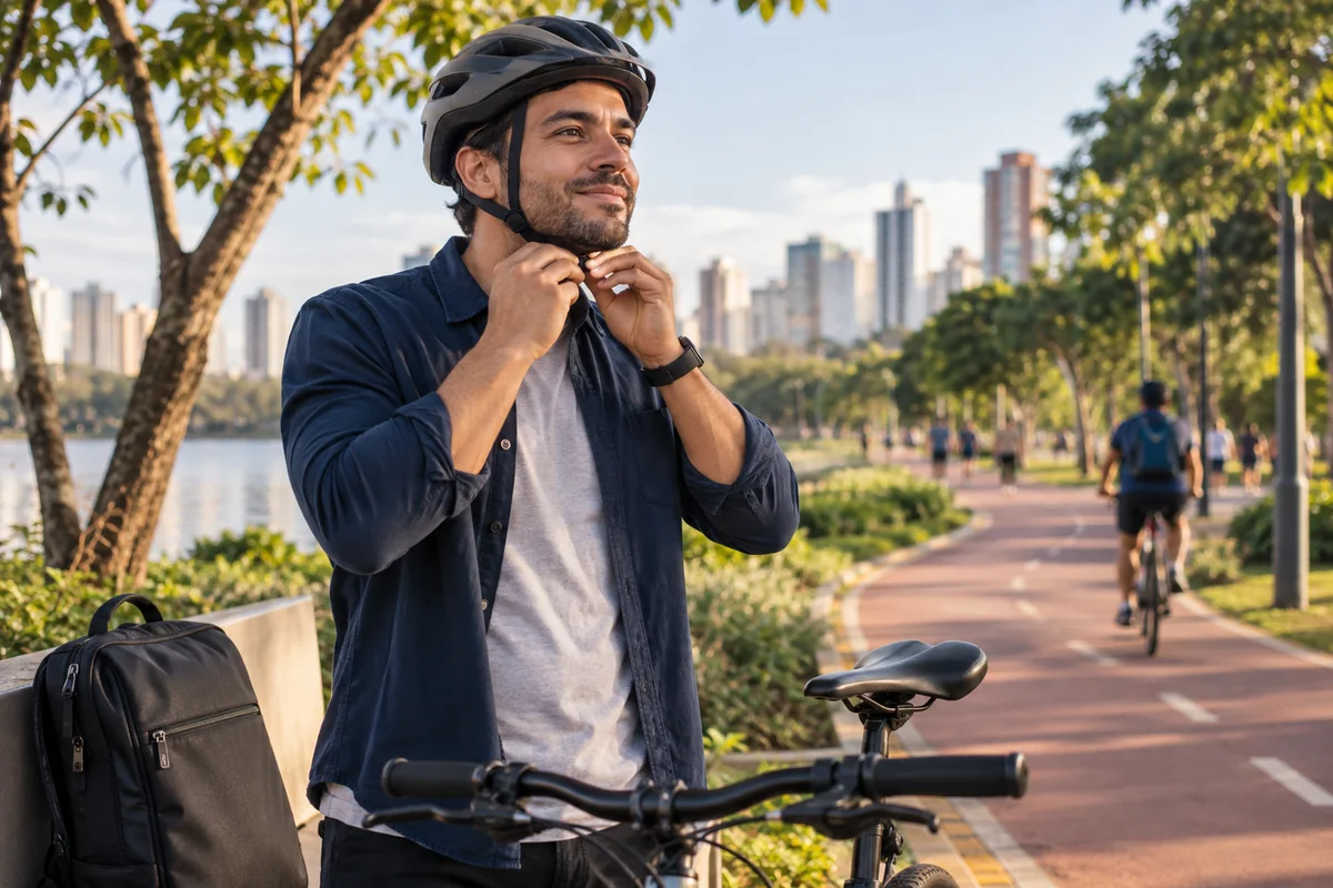 Ciclista colocando o capacete antes de sair por um parque urbano