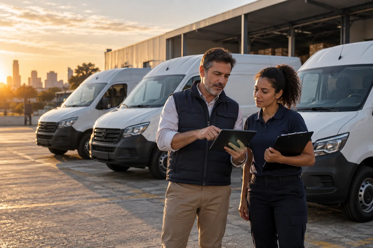 Gestores inspecionando veículos de uma frota empresarial