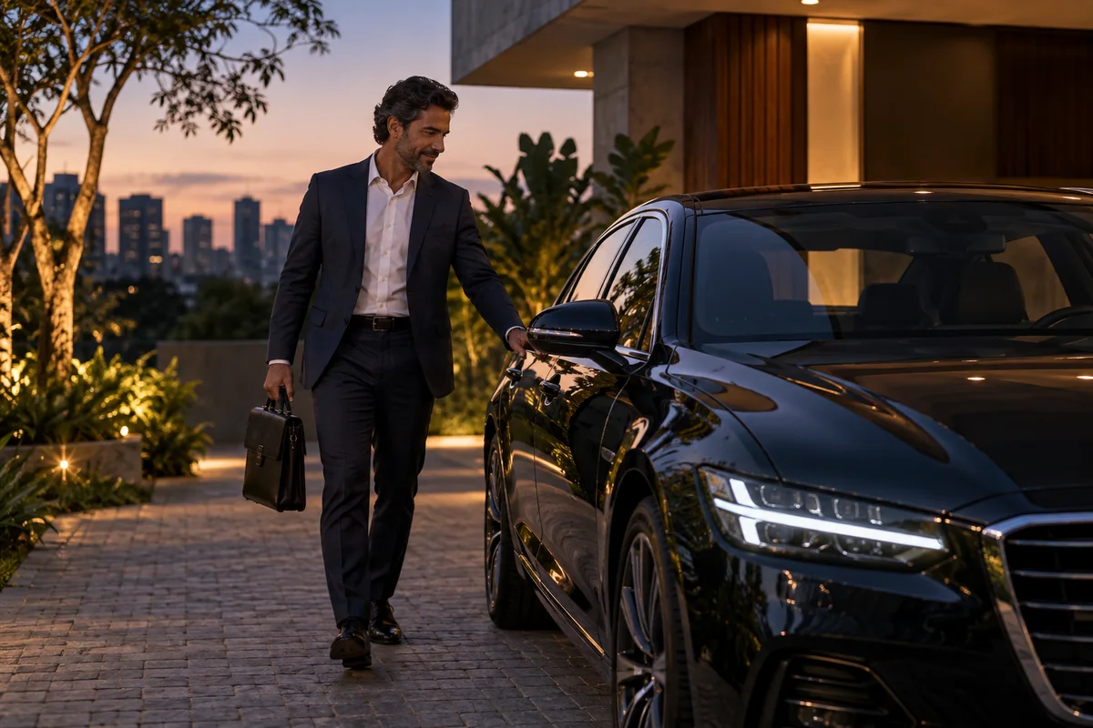 Executivo chegando a um automóvel premium no início da noite