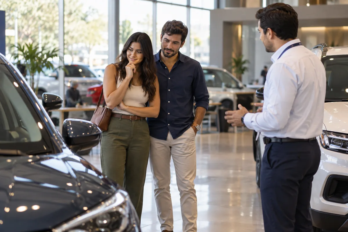 Casal comparando automóveis com um consultor