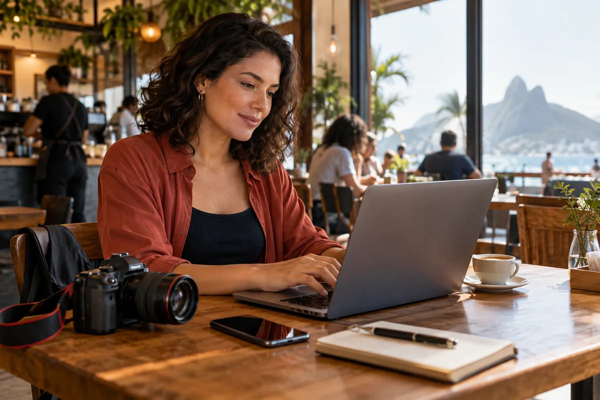 Profissional trabalhando com notebook e câmera em um café