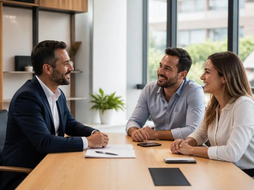 Corretor de seguros conversando com um casal sentado à mesa em um escritório claro