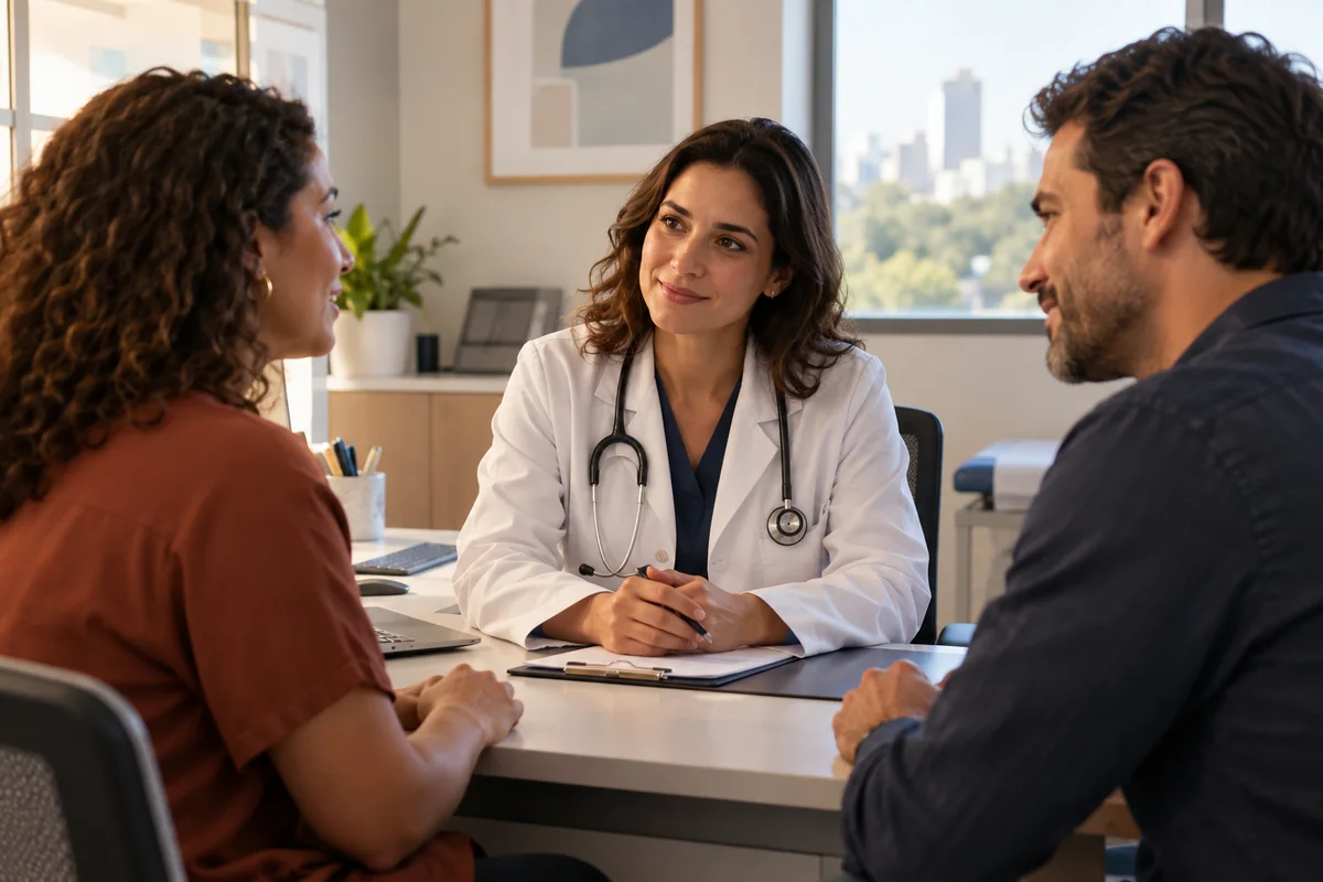 Médica conversando com um casal durante uma consulta