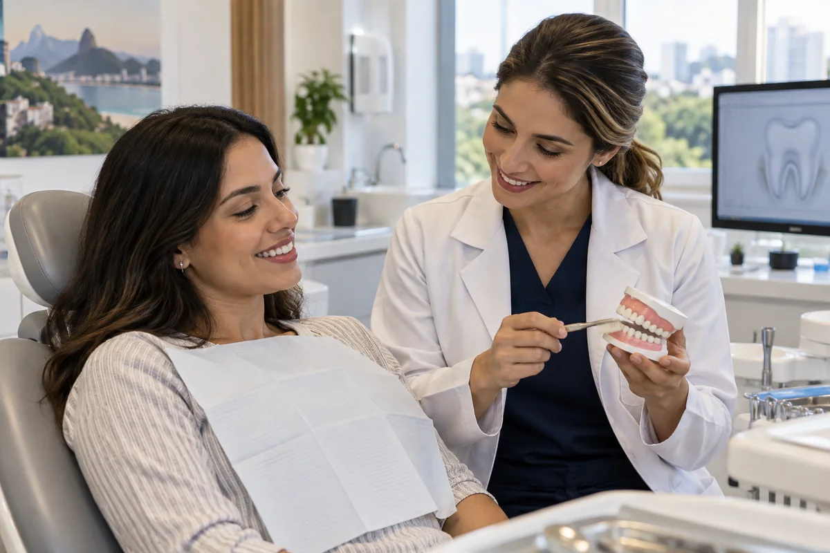 Dentista explicando cuidados preventivos a uma paciente