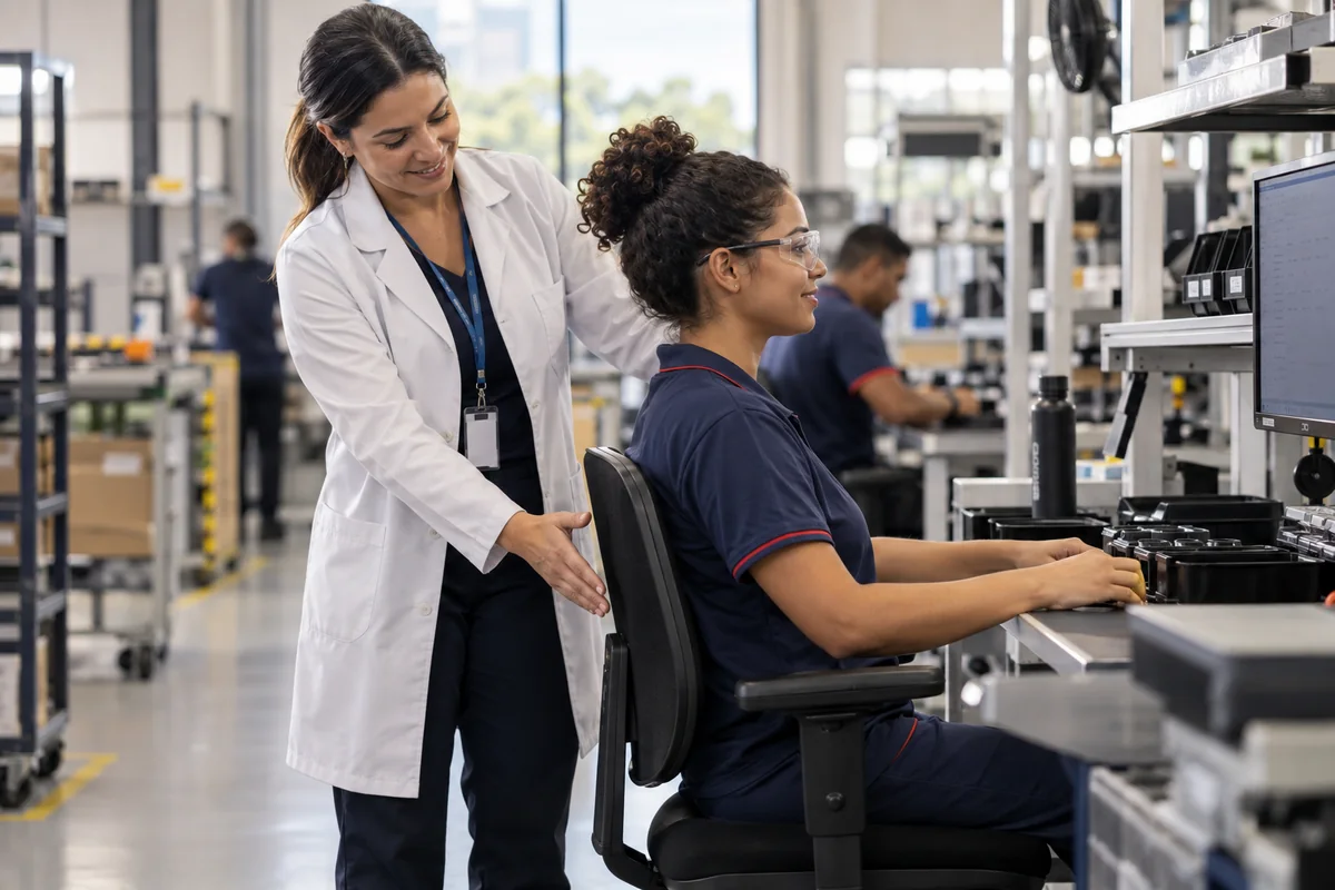 Profissional de saúde fazendo uma avaliação ergonômica