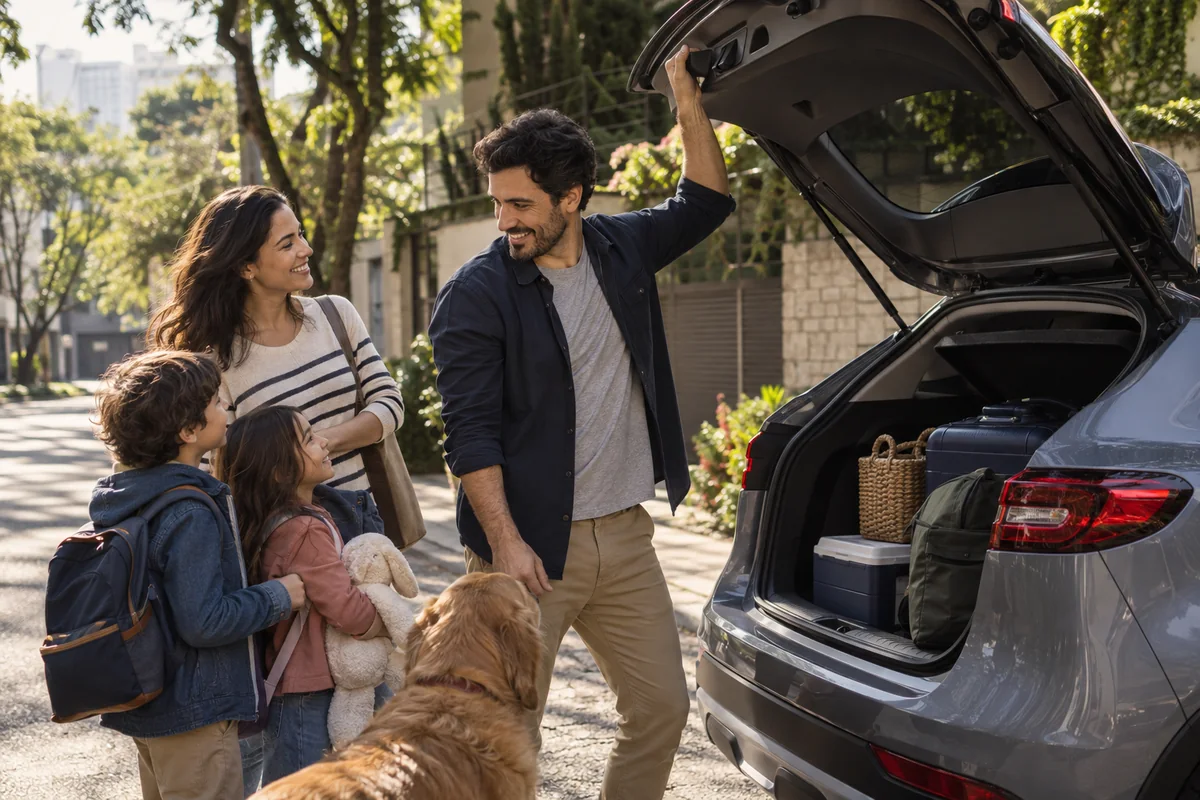Família organizando a bagagem no carro antes de uma viagem