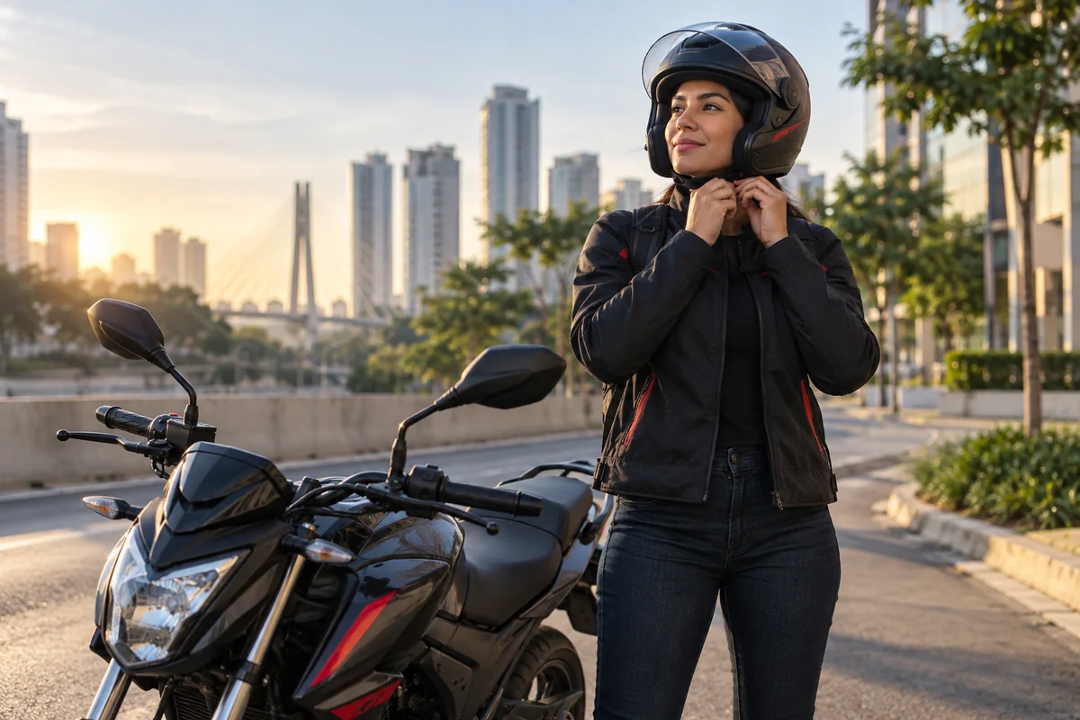 Mulher colocando o capacete ao lado da motocicleta em uma avenida urbana