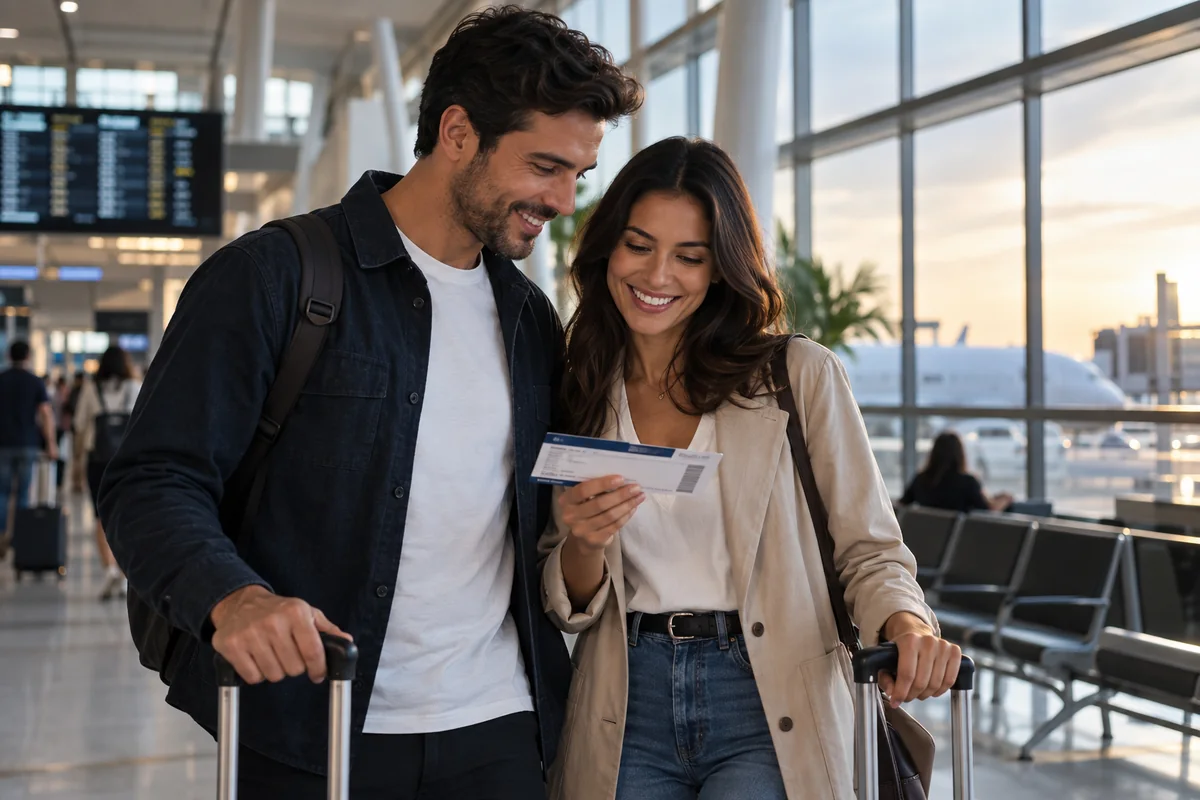 Casal com malas conferindo os documentos no aeroporto
